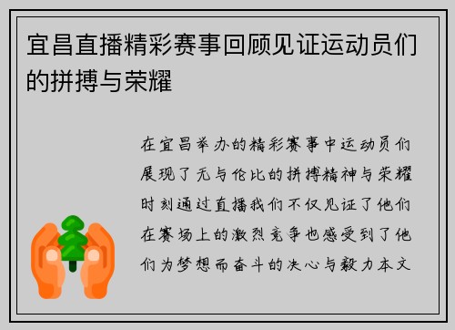 宜昌直播精彩赛事回顾见证运动员们的拼搏与荣耀